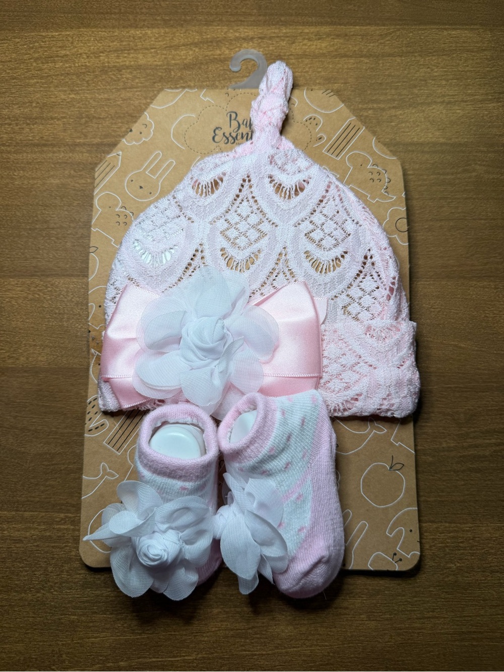 Baby Essentials Pink Lace Top Knot Hat and Matching Sock Set - Size 0-6M